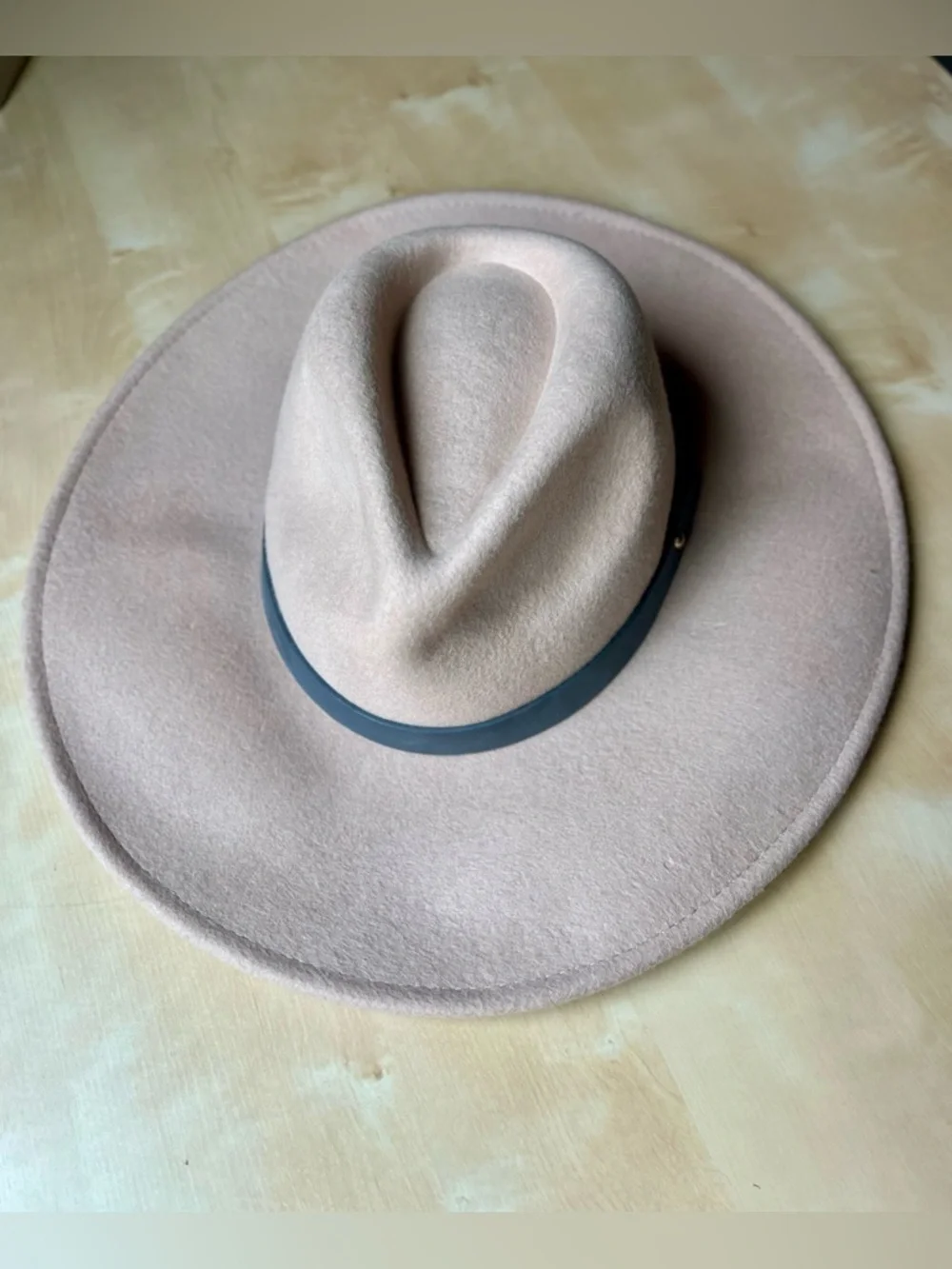 Wide Brim 100% Wool Felt Fedora in Beige with Gray Band Boho Western Minimalist